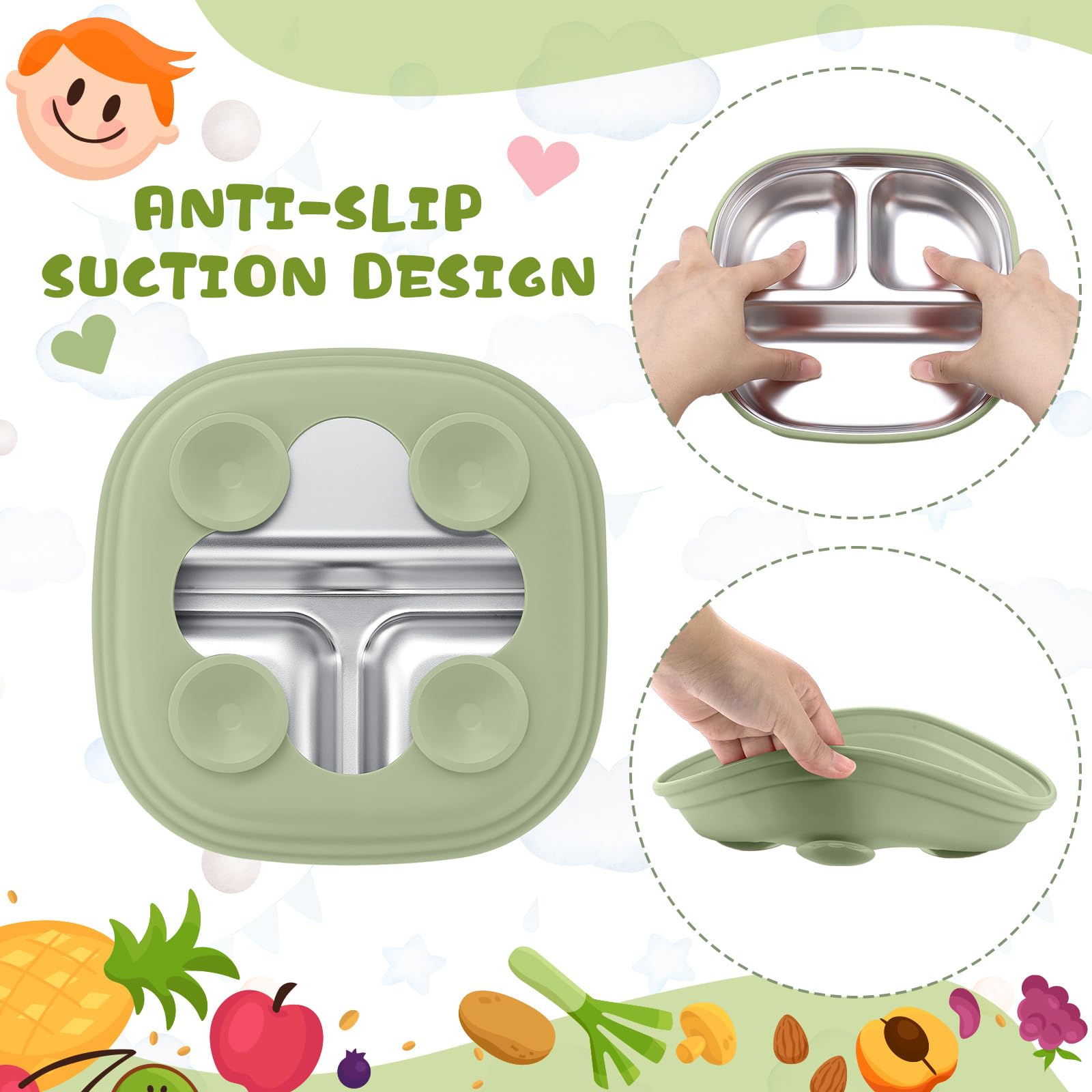 Geiserailie square stainless steel toddler plate purple suction for independent eating