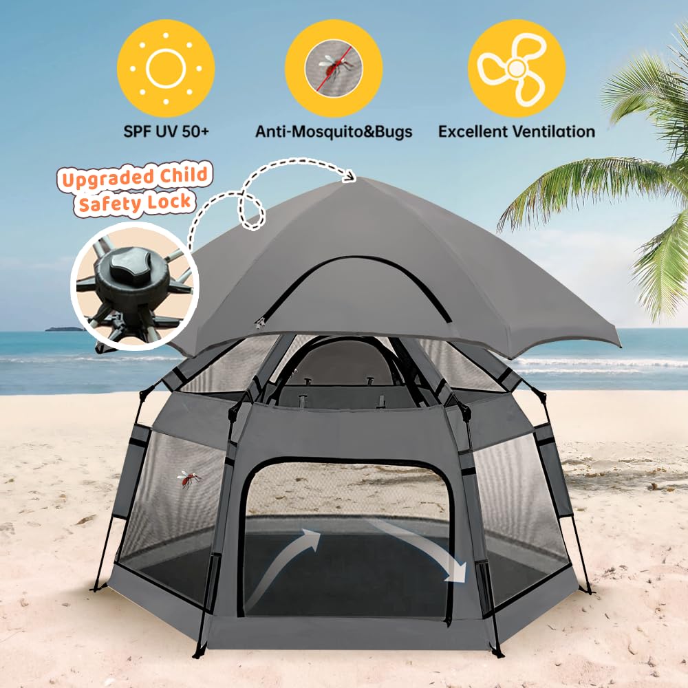 GEIYATOI pop-up playpen canopy highlights sun protection for outdoor play.