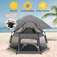 GEIYATOI pop-up playpen canopy highlights sun protection for outdoor play.