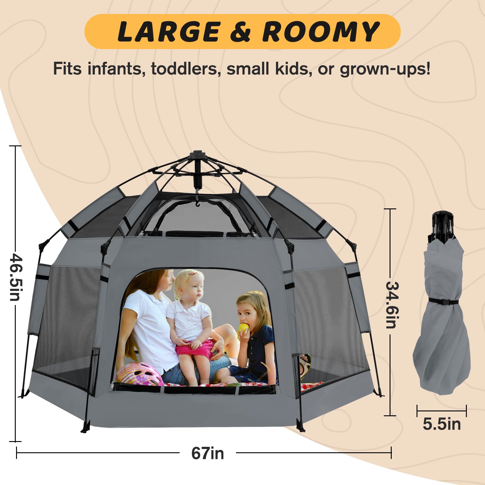GEIYATOI pop-up playpen ground stakes ensure stable setup on diverse surfaces.