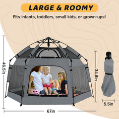 GEIYATOI pop-up playpen ground stakes ensure stable setup on diverse surfaces.