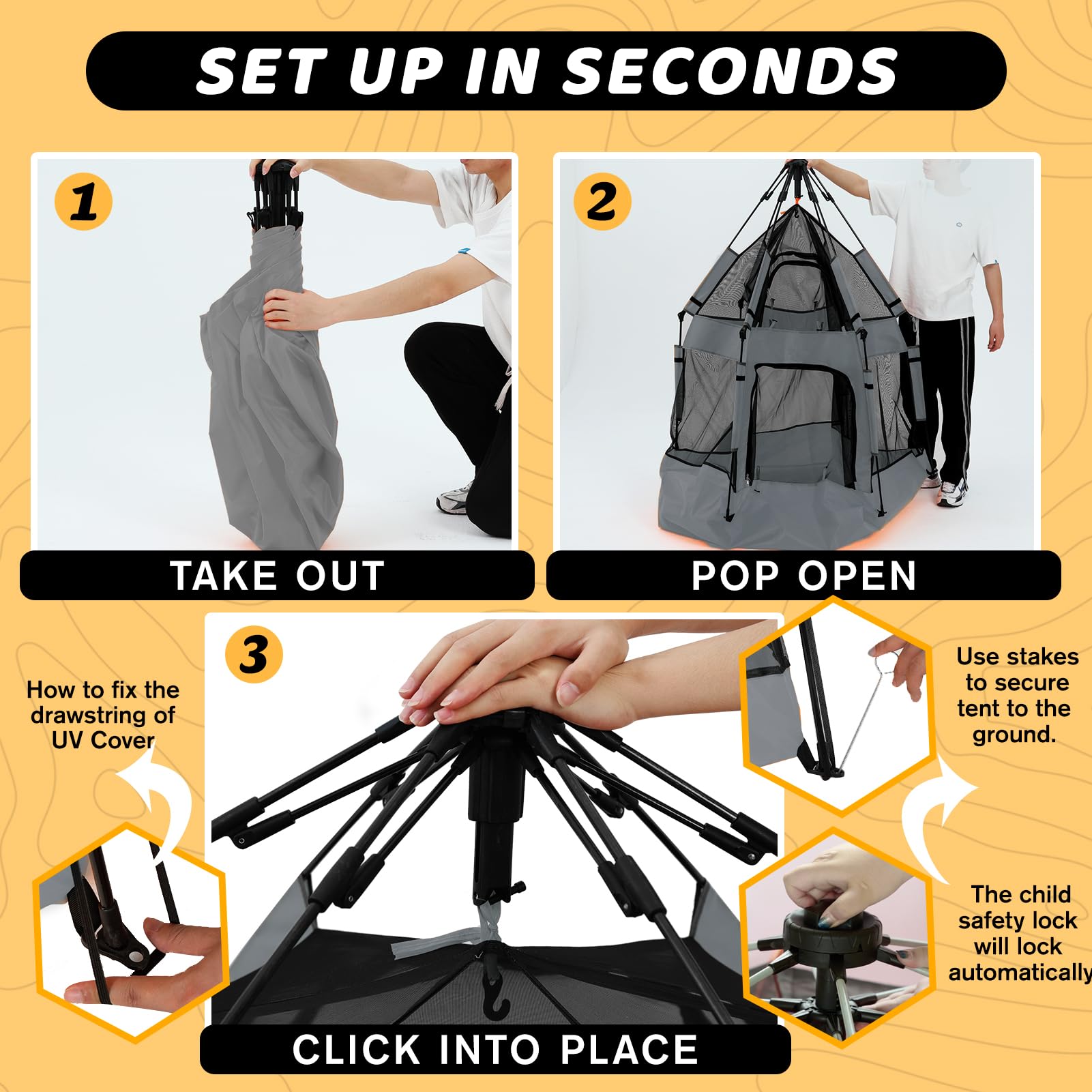 GEIYATOI pop-up playpen safety lock emphasizes added child security during use.