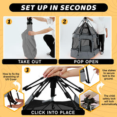 GEIYATOI pop-up playpen safety lock emphasizes added child security during use.