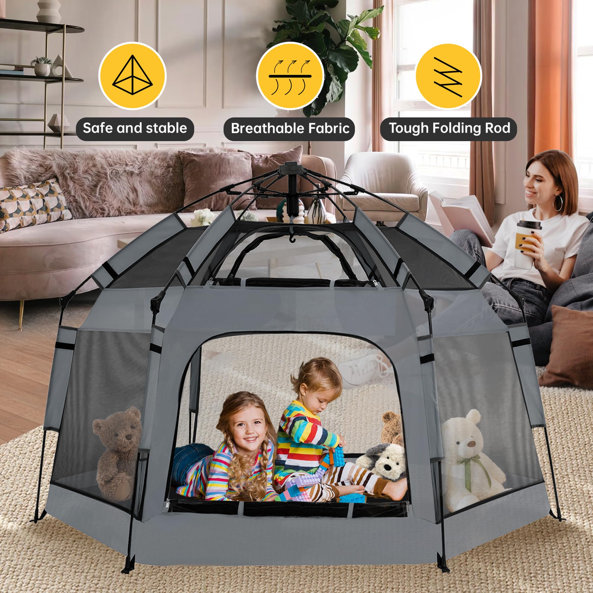 GEIYATOI pop-up playpen spacious interior supports multiple activities.