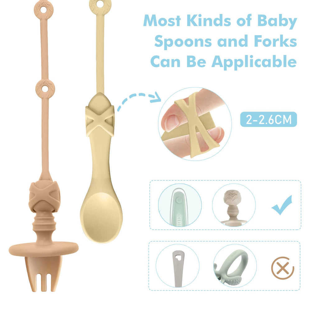 Gelinor Blue mealtime strap stretches to fit various spoons.