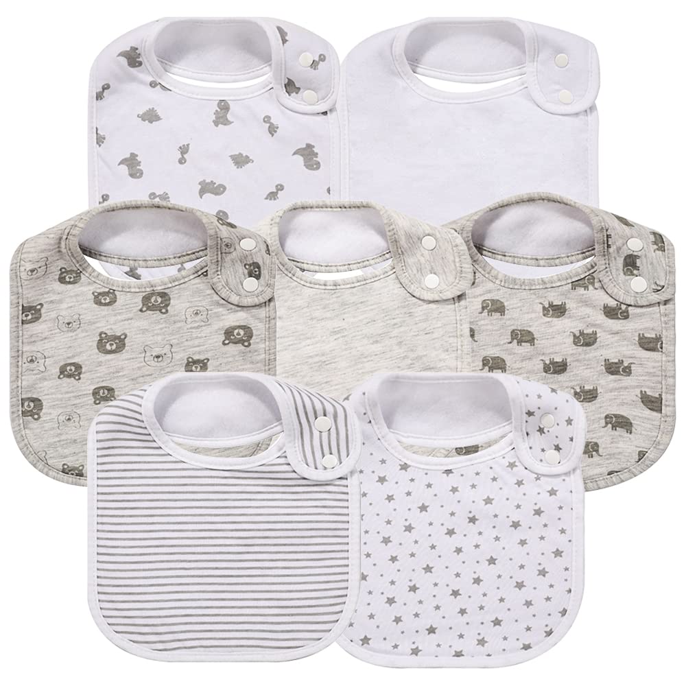 Gelisite 7-pack baby bibs flatlay highlighting colorful patterns and absorbency.
