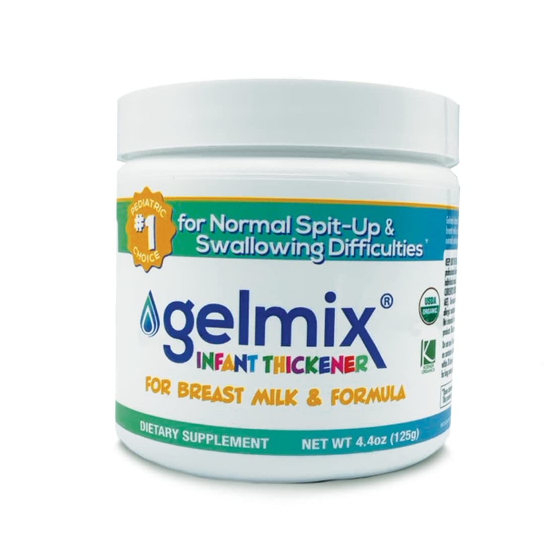 Gelmix infant thickener bottle-cap closeup shows safe-for-infants use