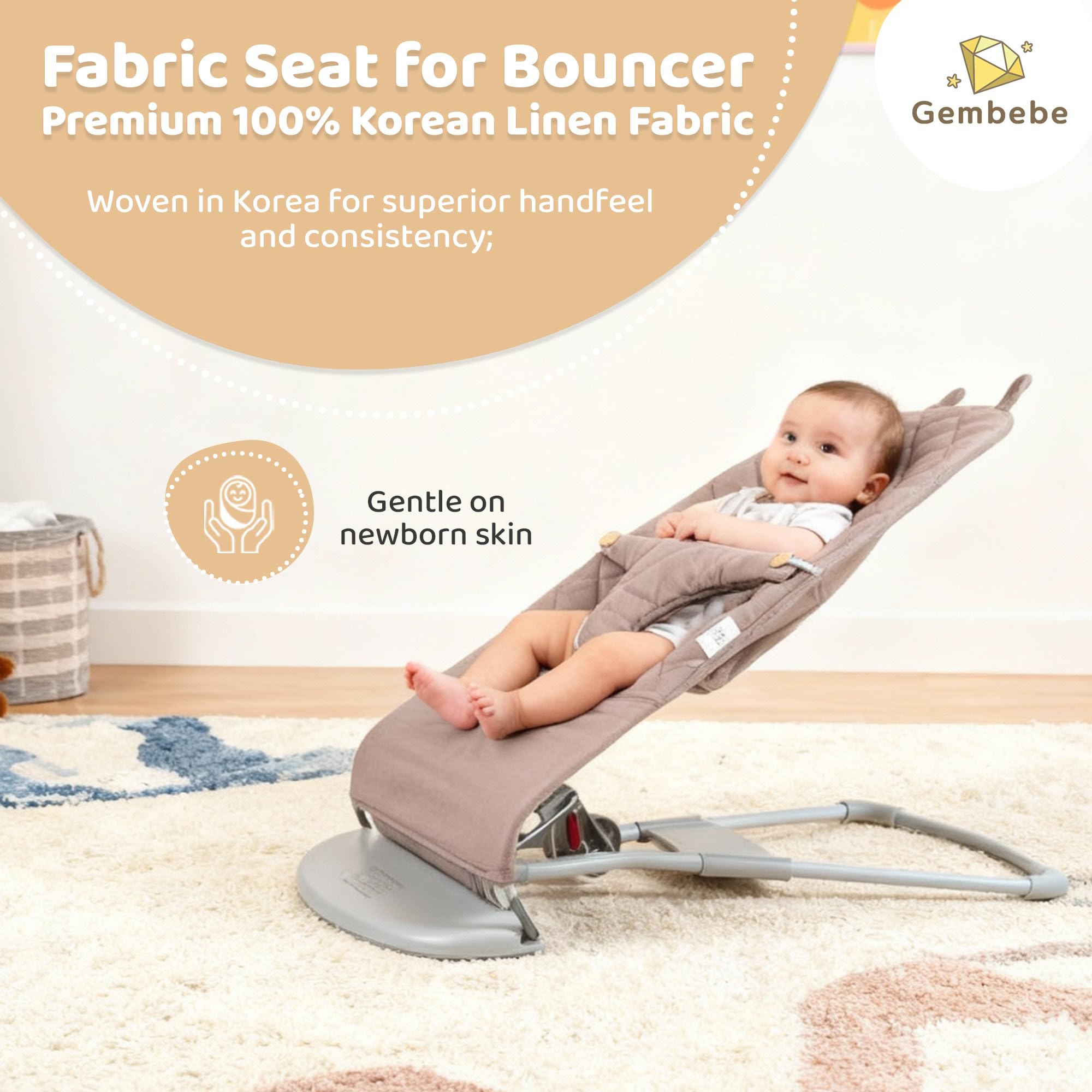 Gembebe bouncer cover cocoa linen close-up showcases breathable, moisture-wicking texture.