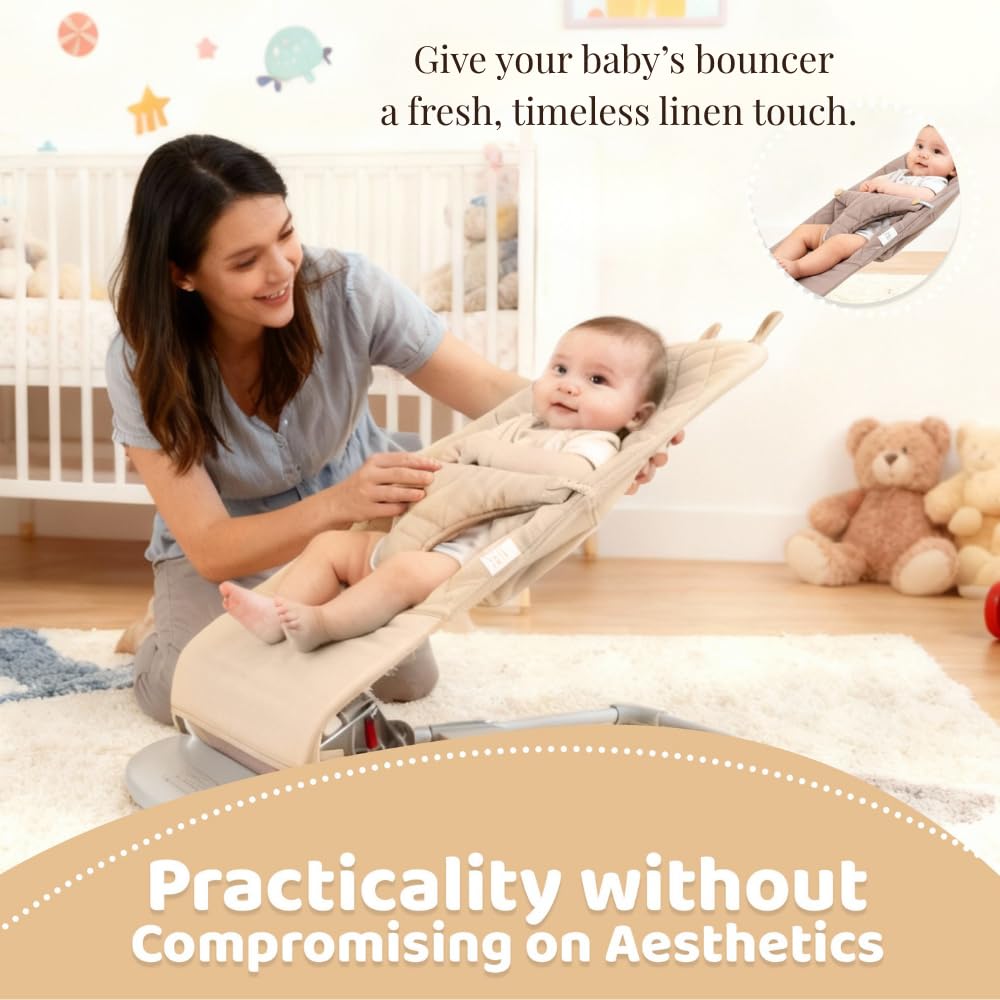 Gembebe bouncer cover cocoa linen CPSIA-tested label highlights safety verification.