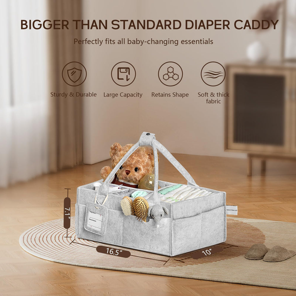 GEMII eight-compartment diaper caddy keeps diapers, wipes, and creams organized.