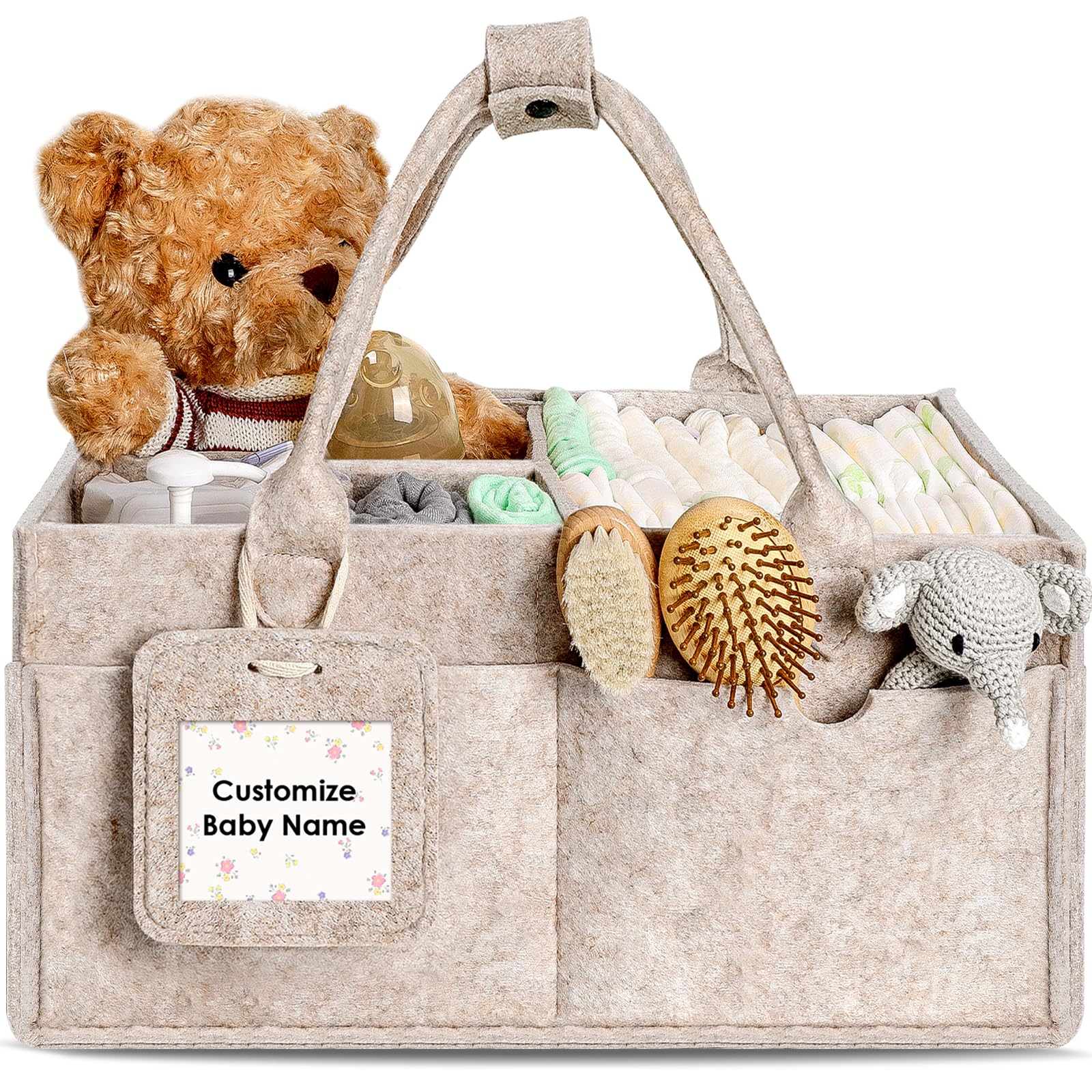 GEMII Diaper Caddy front view in oatmeal showing organized essentials