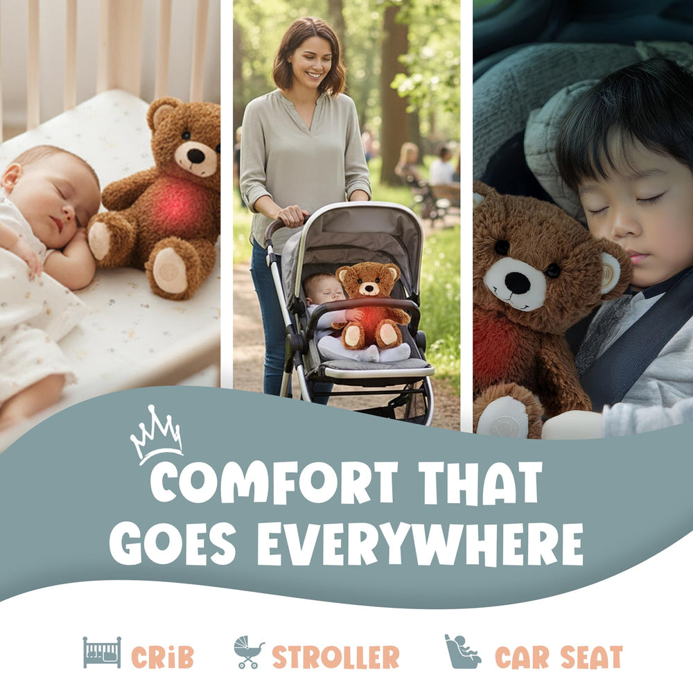 Gemma Joy baby sleep soother brown bear charging dock emphasizes rechargeable convenience for nights and trips