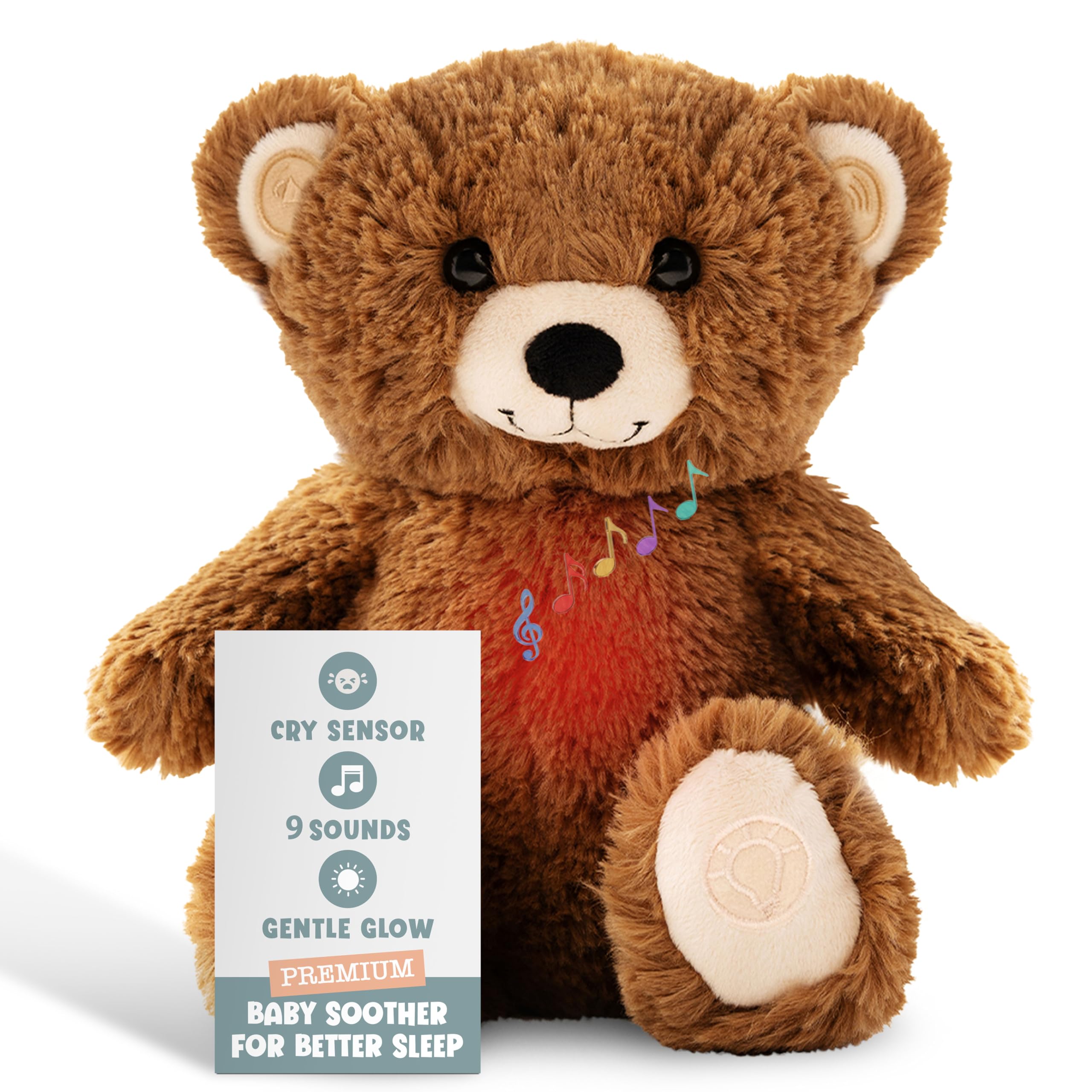 Gemma Joy baby sleep soother brown bear closeup with heartbeat feature for gentle nights