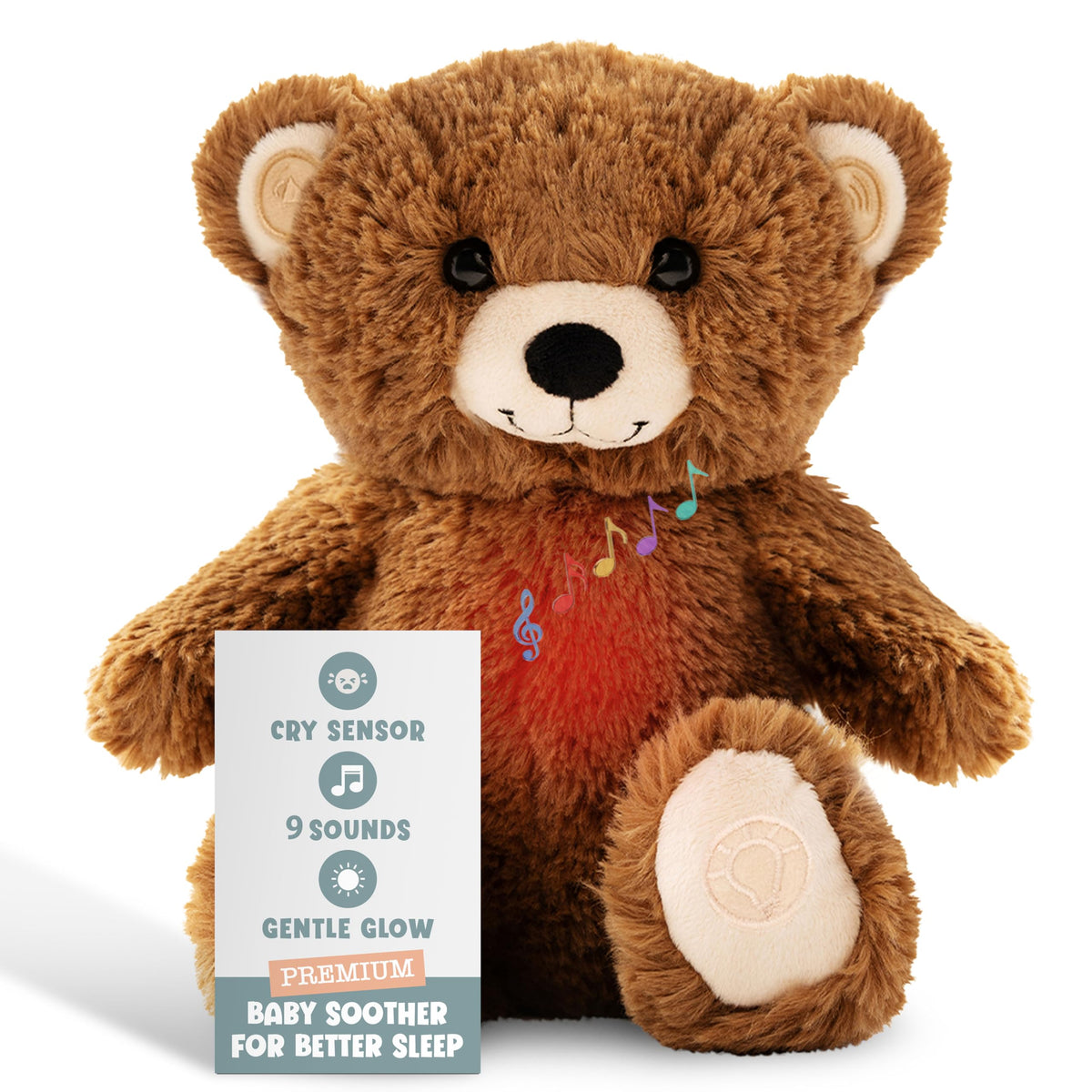 Gemma Joy baby sleep soother brown bear closeup with heartbeat feature for gentle nights