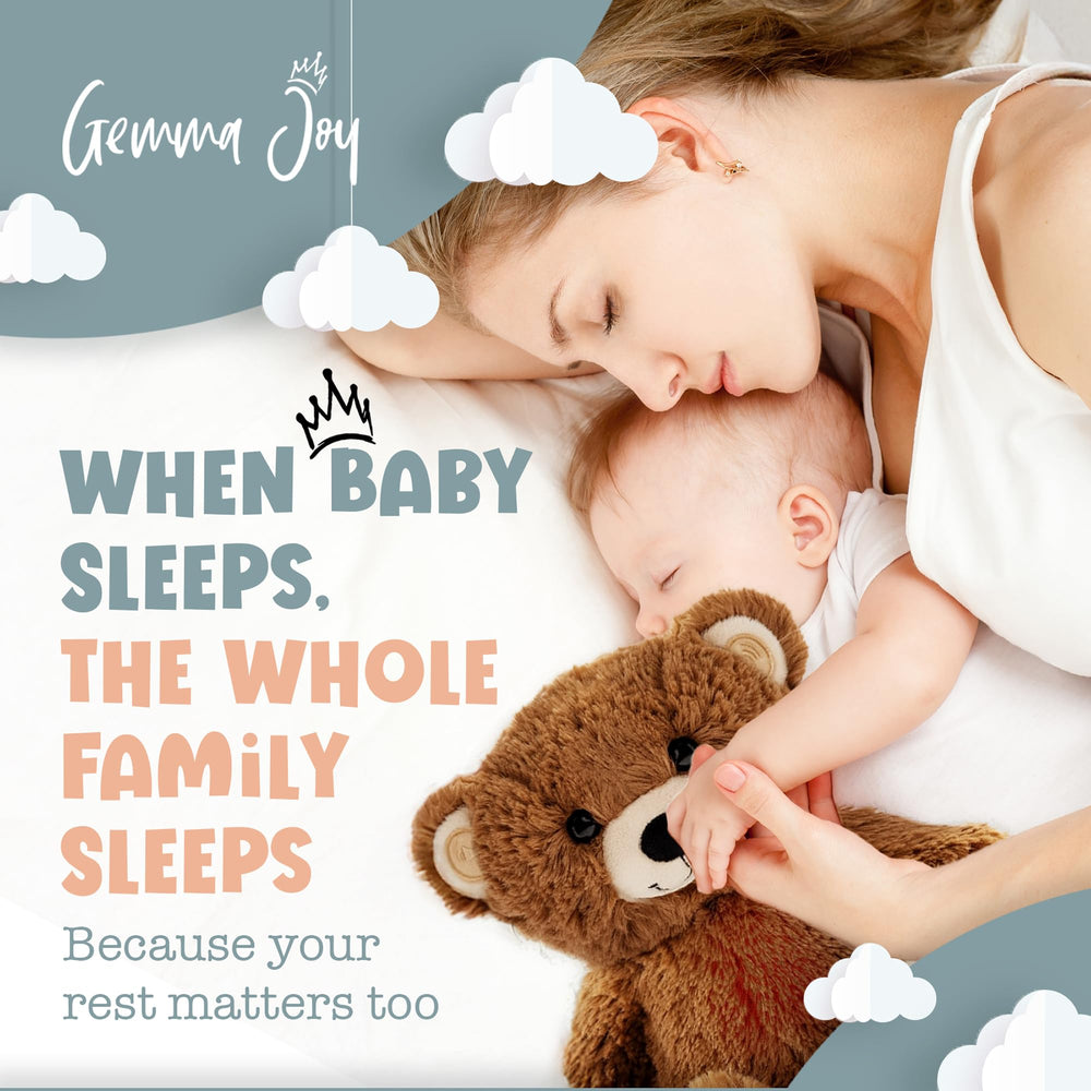Gemma Joy baby sleep soother brown bear in crib highlights six calming melodies for easier settling