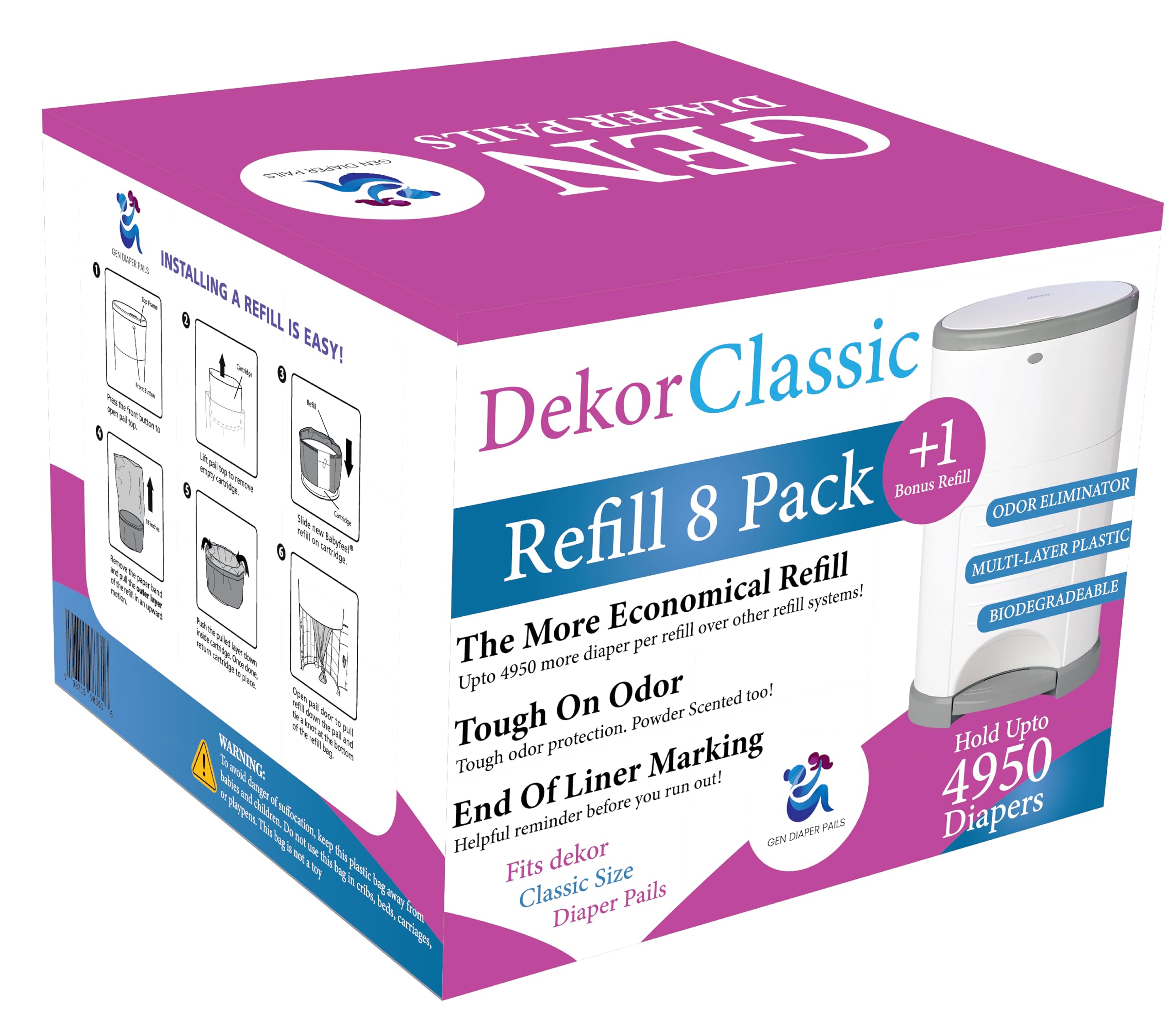 GEN DIAPER PAILS pack8 refill box with extra liner for easy nursery changes