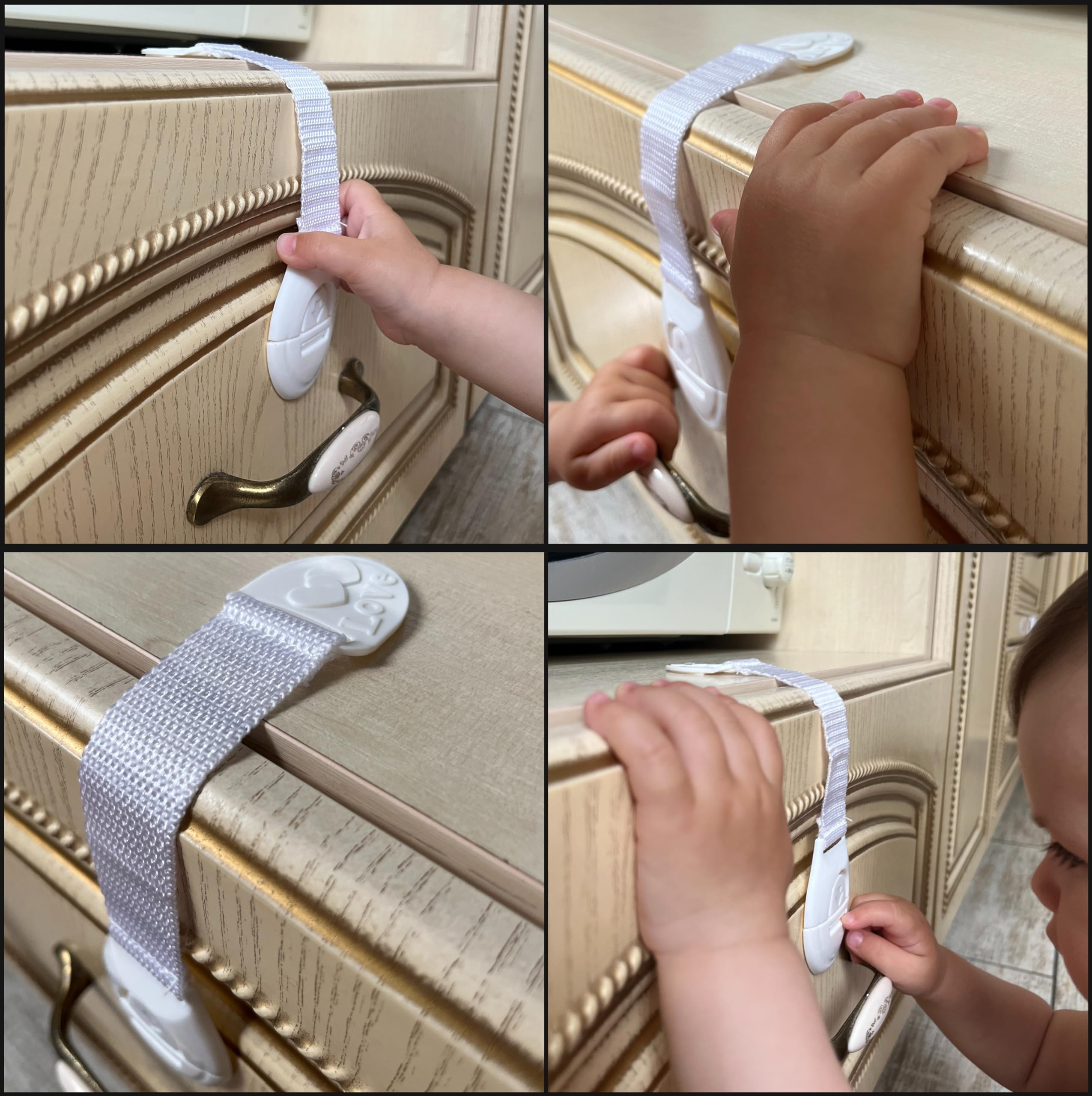 Generic 10-pack adhesive cabinet locks damage-free install demonstrated