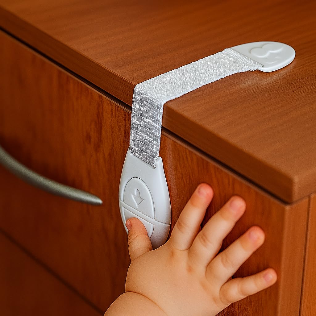 Generic 10-pack adhesive cabinet locks installation closeup for quick, tool-free safety
