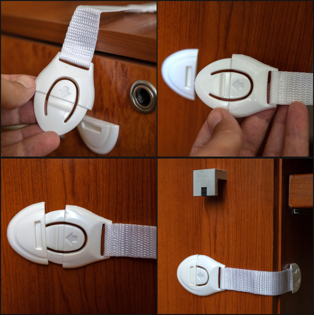 Generic 10-pack adhesive cabinet locks on metal surface compatible with various surfaces