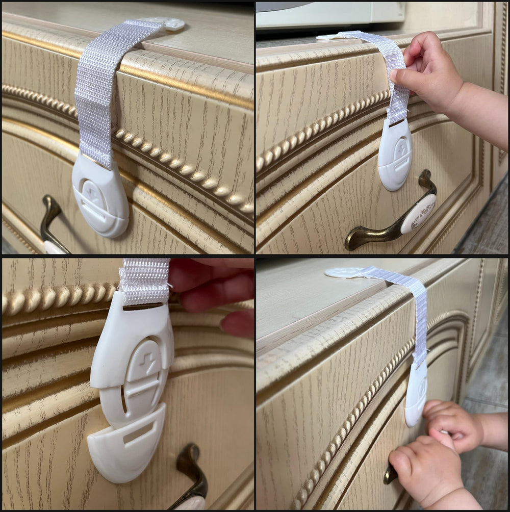 Generic 10-pack adhesive cabinet locks on wood surface showing adhesive mounting
