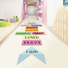 Generic 4-Hilif-r word-hopscotch decal closeup with colorful letters for learning engagement.