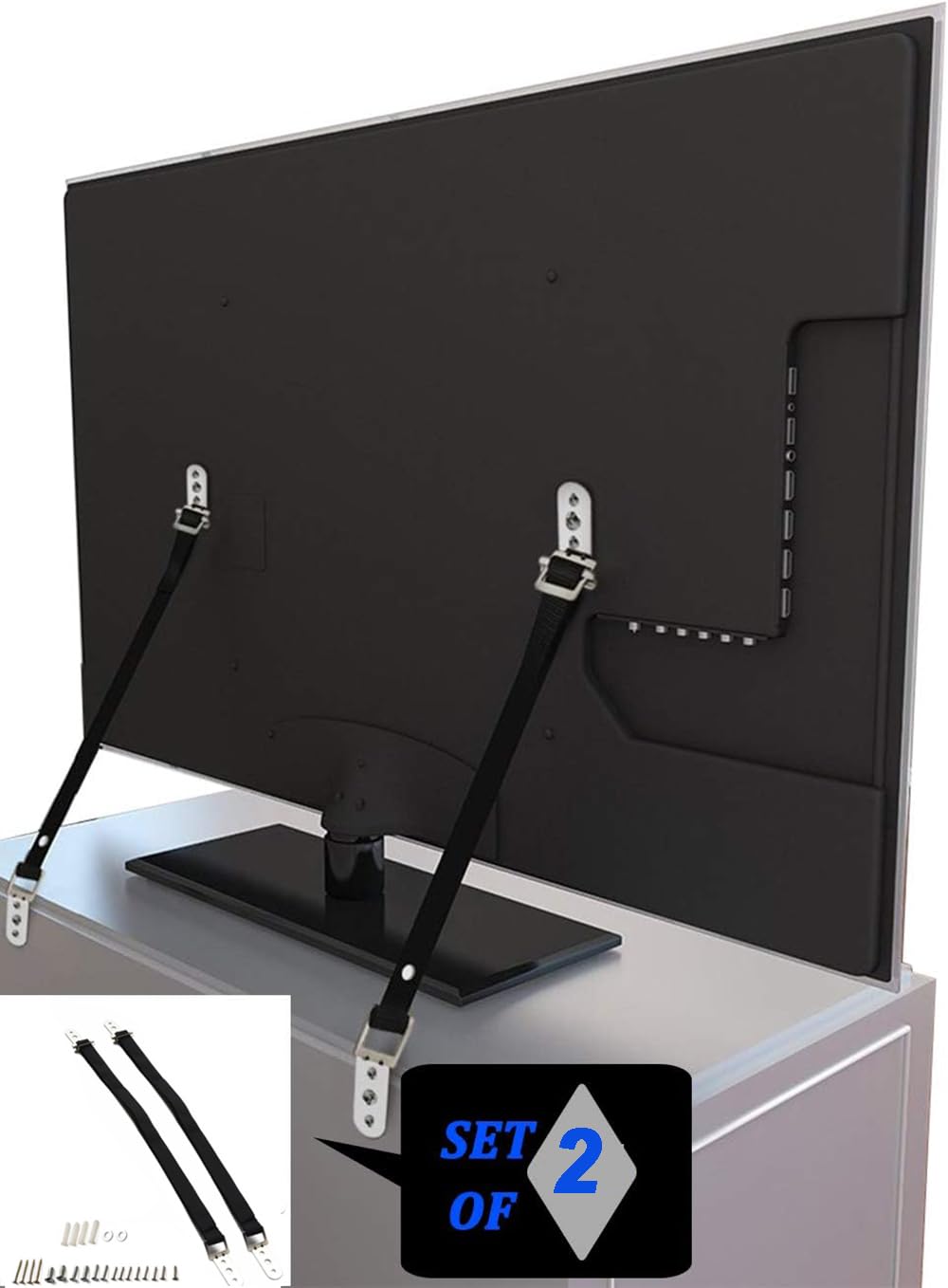 Generic anti-tip strap on-wall setup showing secure mounting for TV