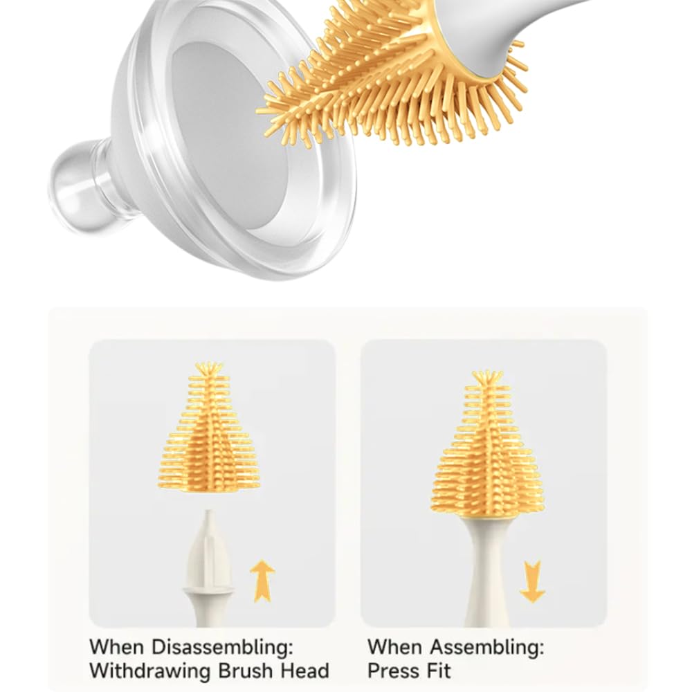 Generic baby bottle cleaning setup shows the 360° brush reaching corners and curves