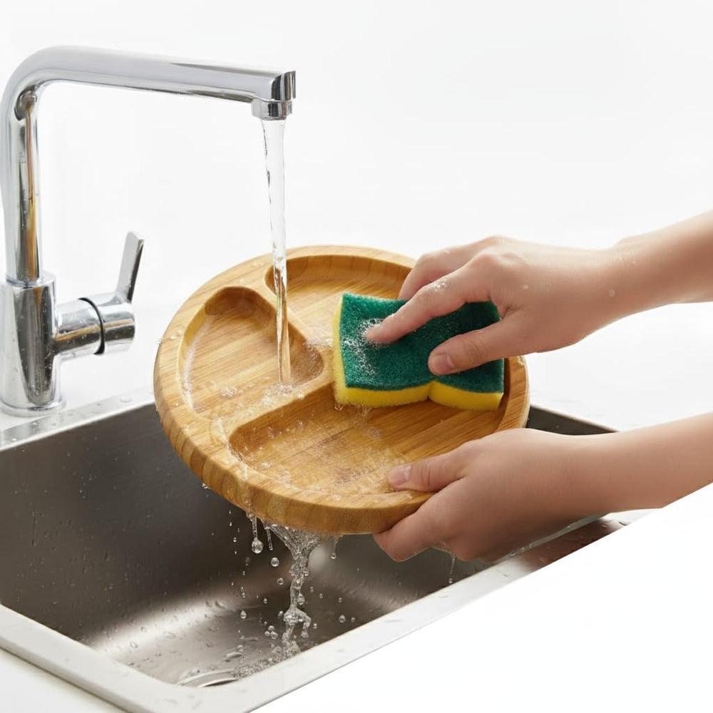 Generic bamboo baby plate BPA-free label emphasizes safe, everyday use for toddlers.