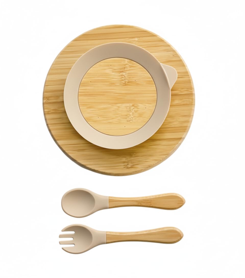 Generic bamboo baby plate divided layout demonstrates food separation for toddler meals.