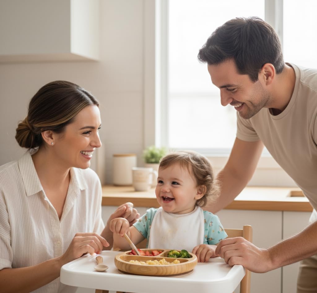 Generic bamboo baby plate gift-ready packaging appeals to new parents and baby showers.