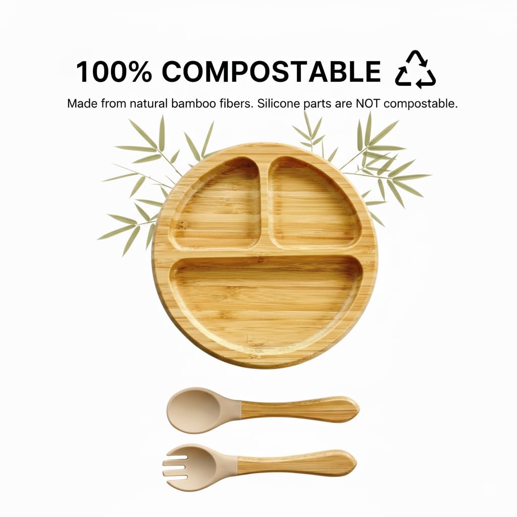 Generic bamboo baby plate on mealtime setup illustrating practical self-feeding for busy families.