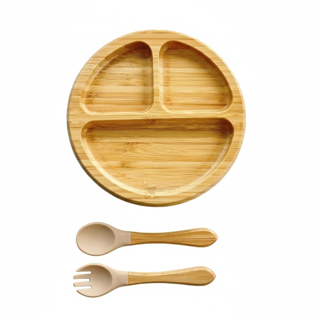 Generic bamboo baby plate with suction close-up showing spill-proof base for easy feeding.