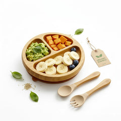 Generic bamboo baby plate suction on highchair demonstrates secure placement during snacks.