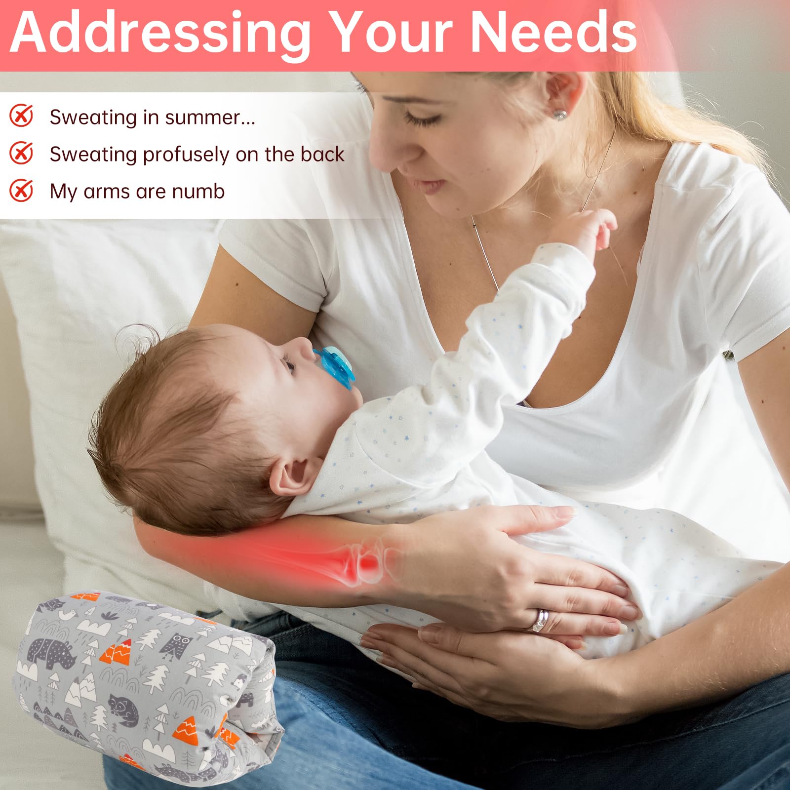 Generic Cozy Cradle arm pillow on caregiver's lap easing arm and neck strain