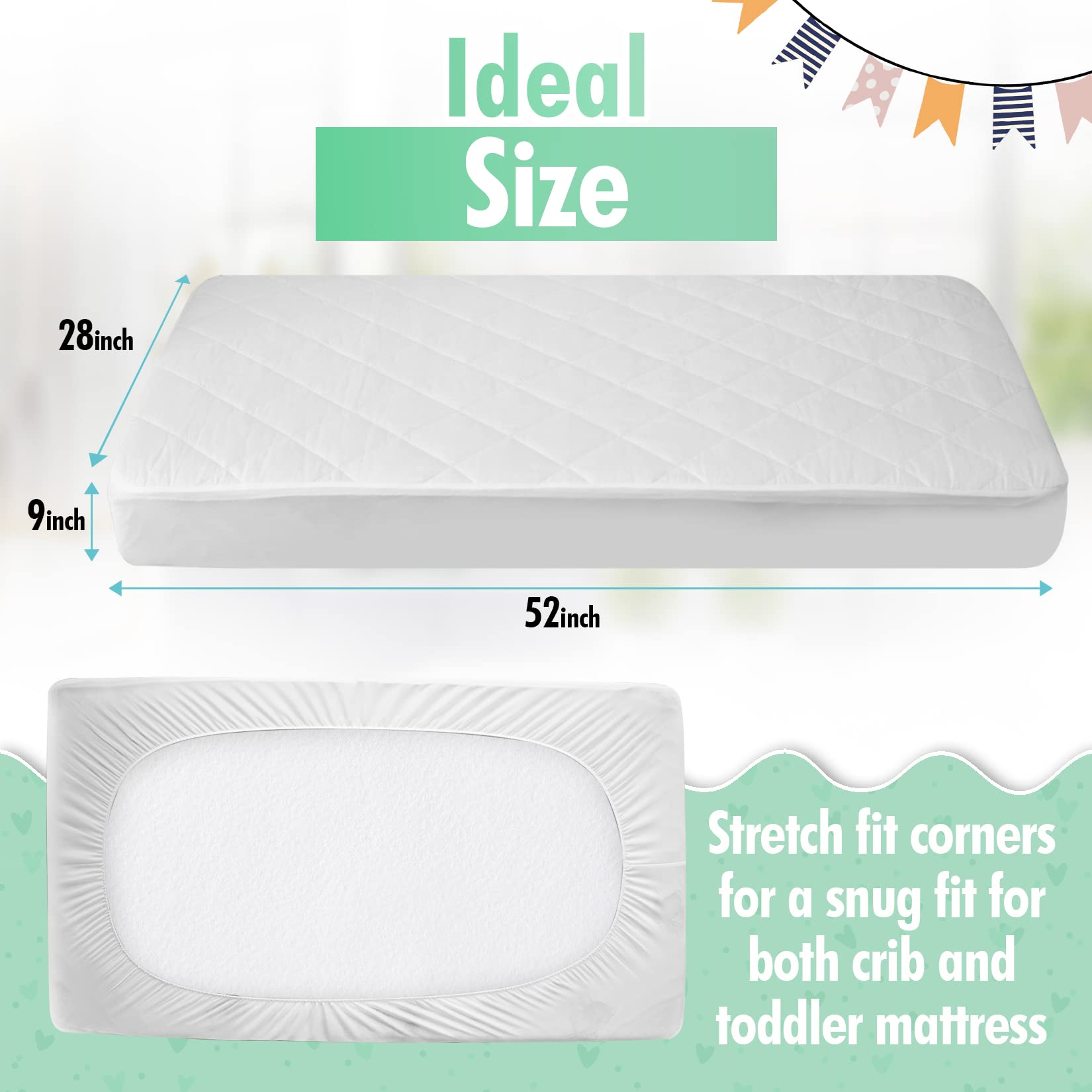 Generic crib mattress protector stretch-fit corner showing snug fit on standard mattress