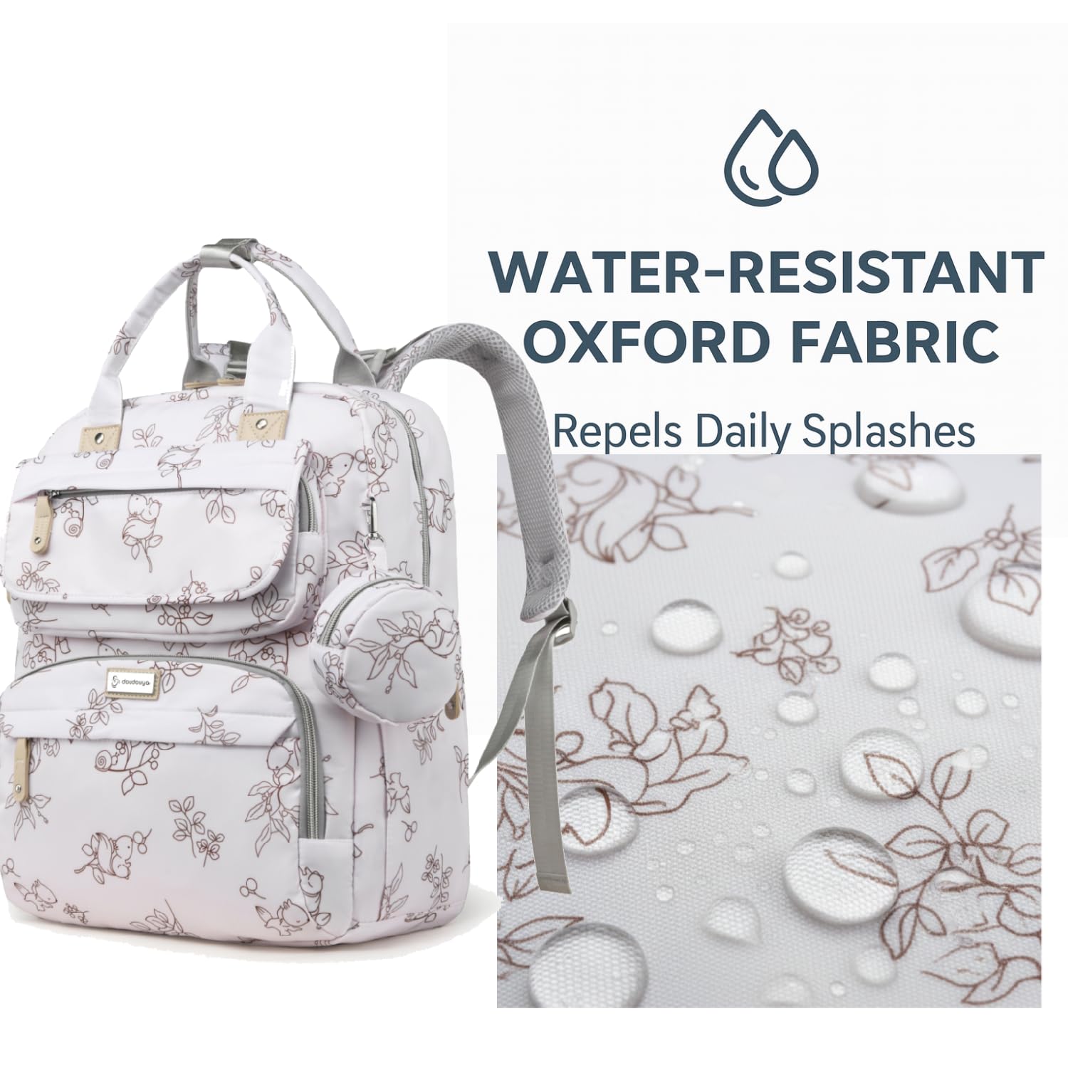 Generic Diaper Bag Backpack Cream White insulated front pocket keeps bottles cool on outings.