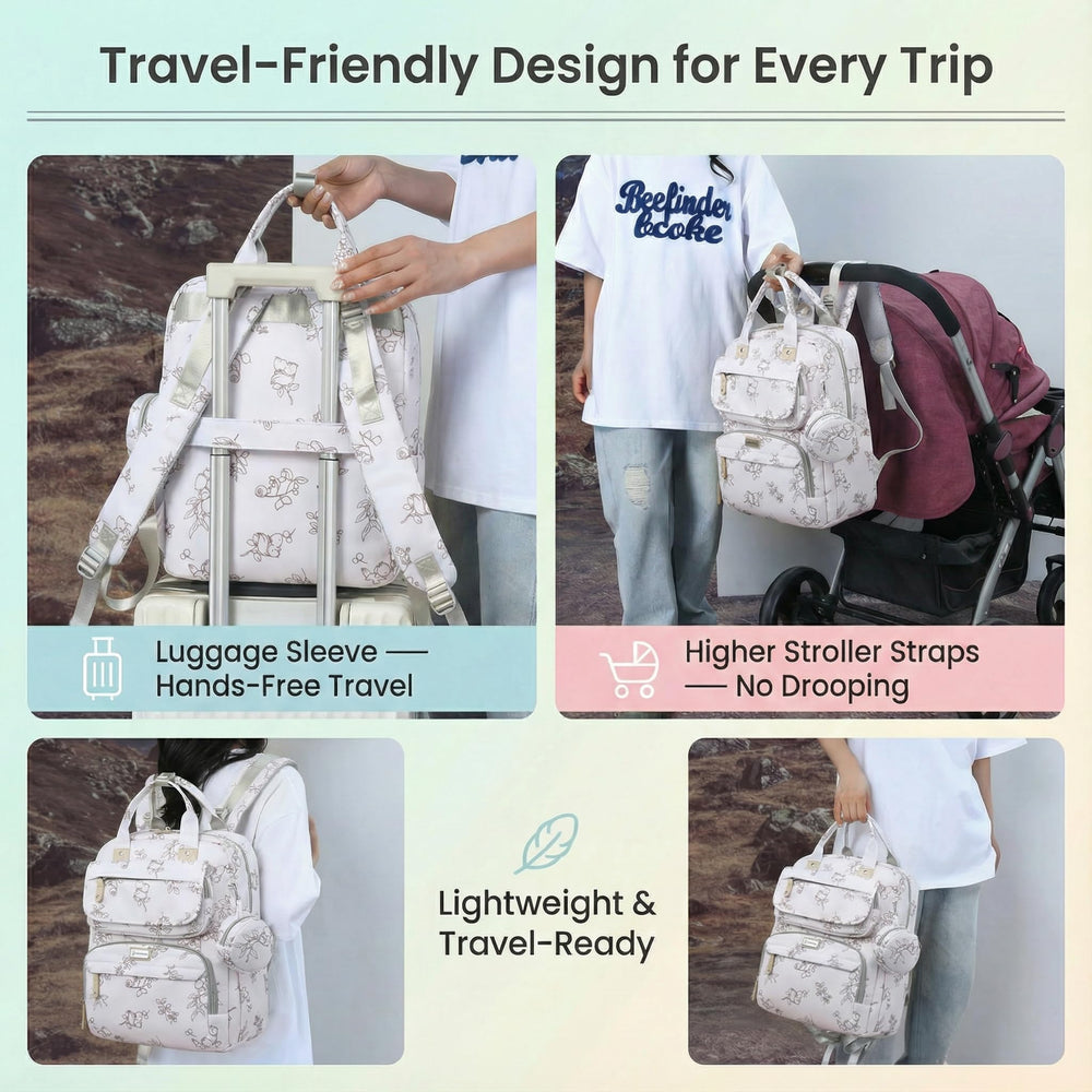 Generic Diaper Bag Backpack Cream White stroller straps image demonstrates secure travel with a compatible stroller.