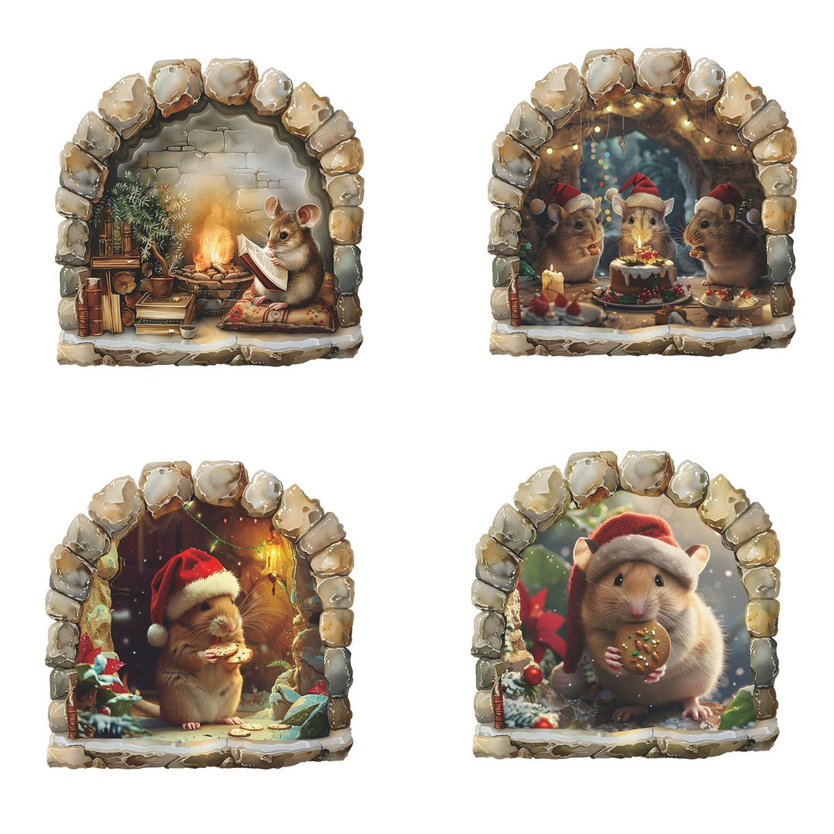 Generic four-sheets Christmas 3D mouse hole wall sticker pack adds festive whimsy to walls.