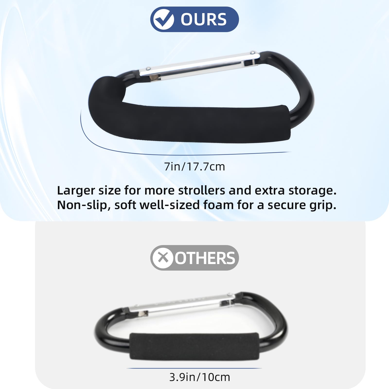 Generic large carabiner enables hands-free bag hanging for relaxed outings.