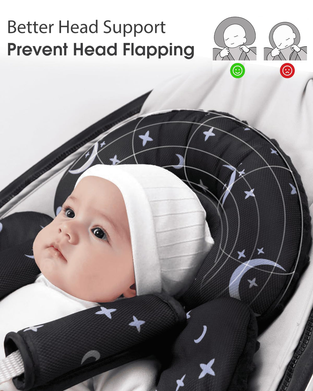Generic infant insert head support provides stable positioning during rides.