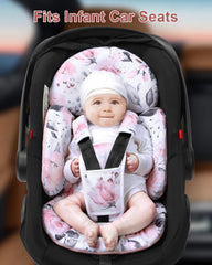 Generic Infant Seat Insert Pink Floral close-up of belt pads and buckle cover.