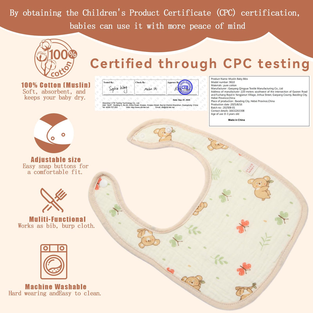 Generic Muslin Baby Bibs adjustable snaps to fit growing babies from newborn to 18 months.