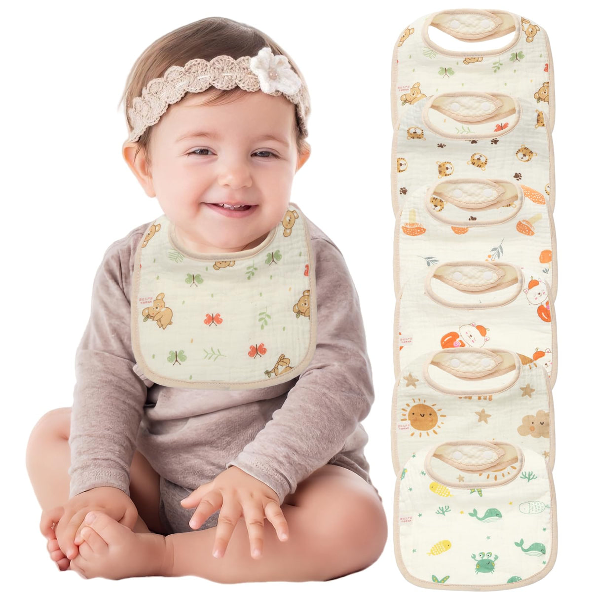Generic Muslin Baby Bibs with colorful designs for both boys and girls at mealtime.