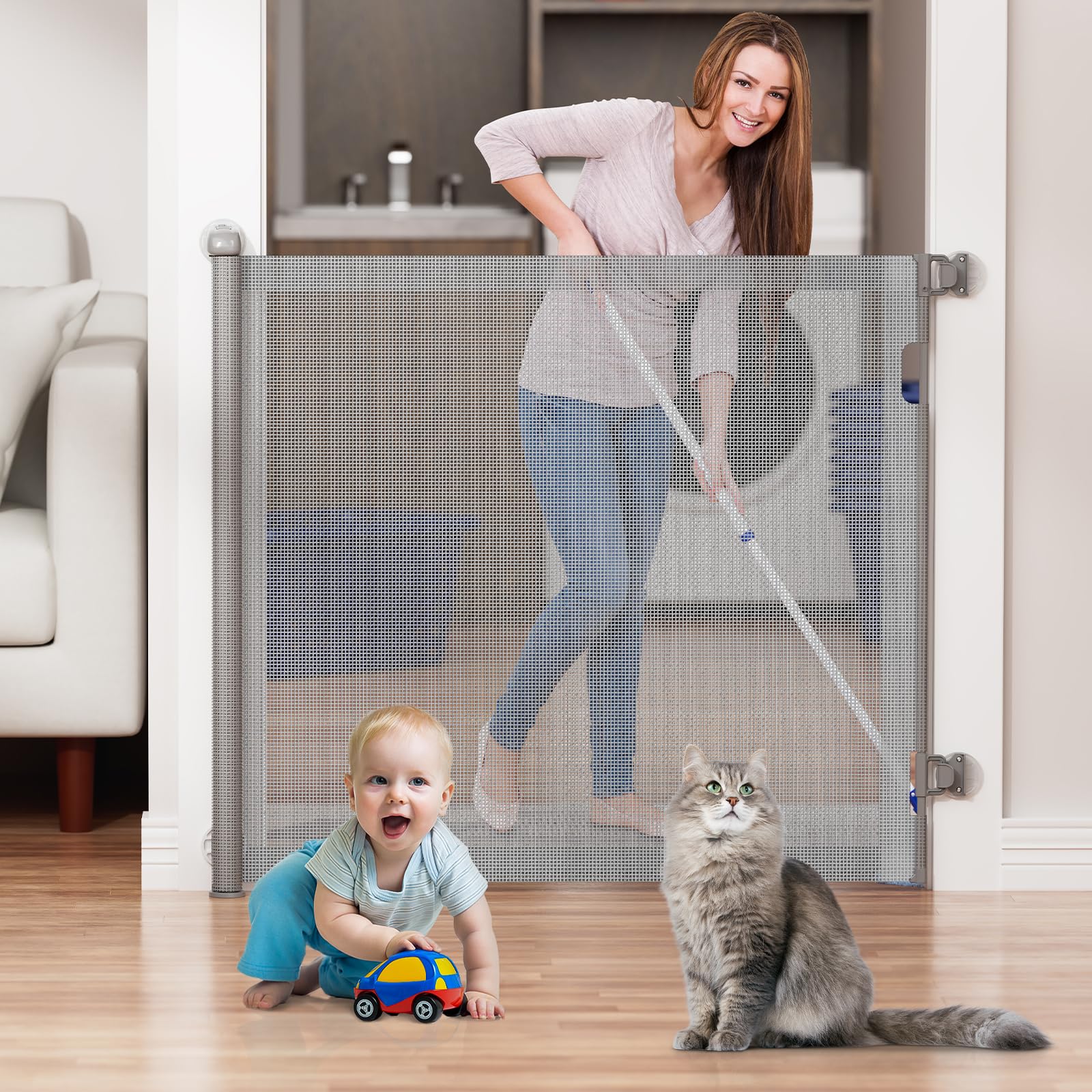 Generic no-drill retractable gate stairs-setup demonstrates versatile mounting for stairs and walls
