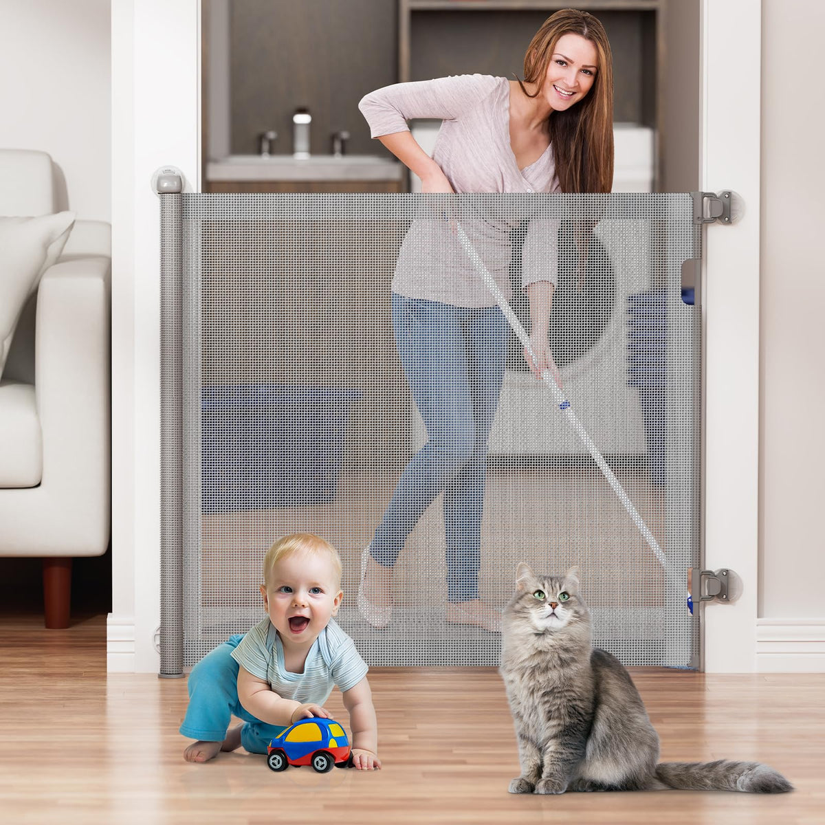 Generic no-drill retractable gate stairs-setup demonstrates versatile mounting for stairs and walls