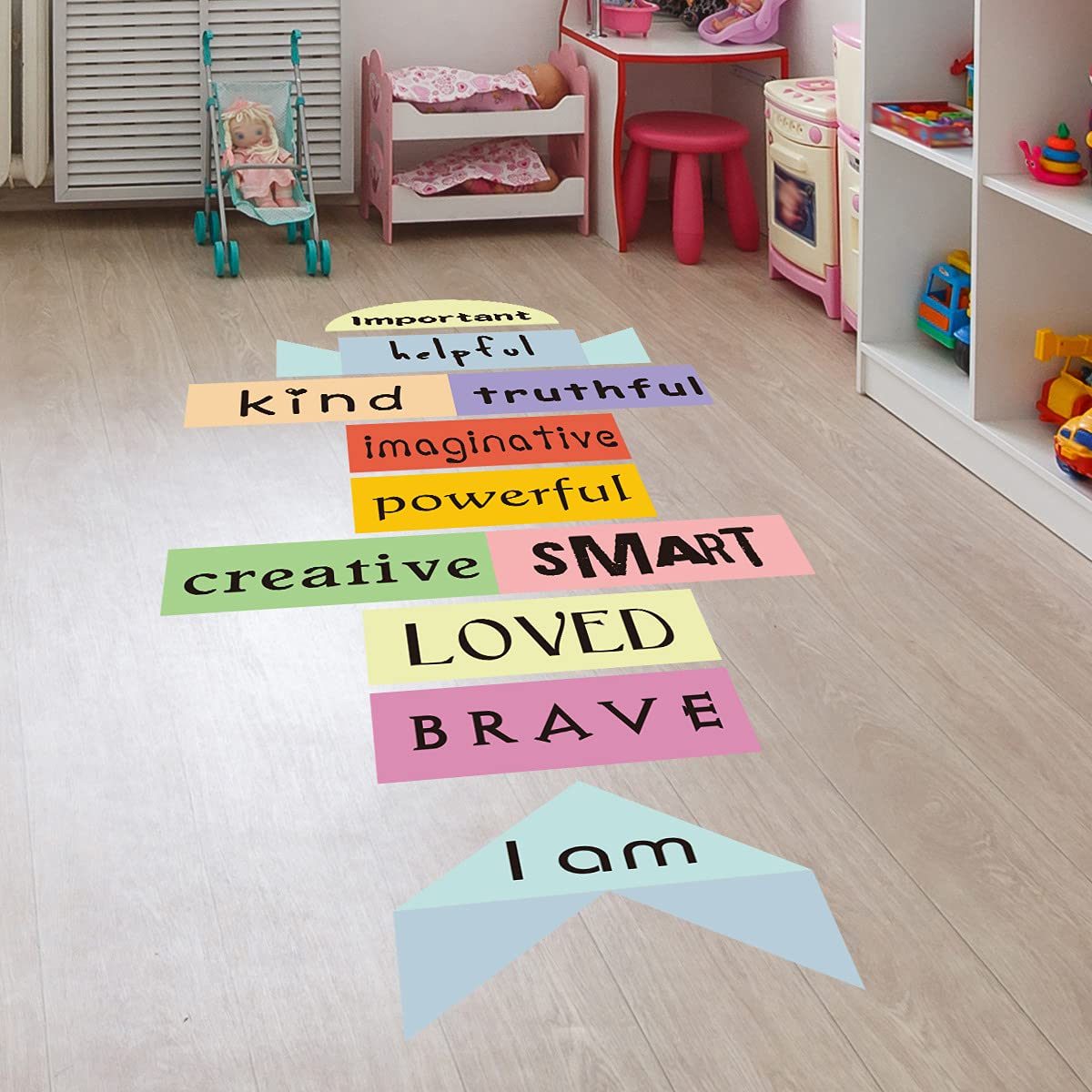Generic nursery playroom decal creates bright, playful learning space.