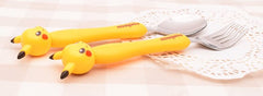 Generic Pikachu stainless steel fork and spoon set closeup; polished finish for easy cleaning