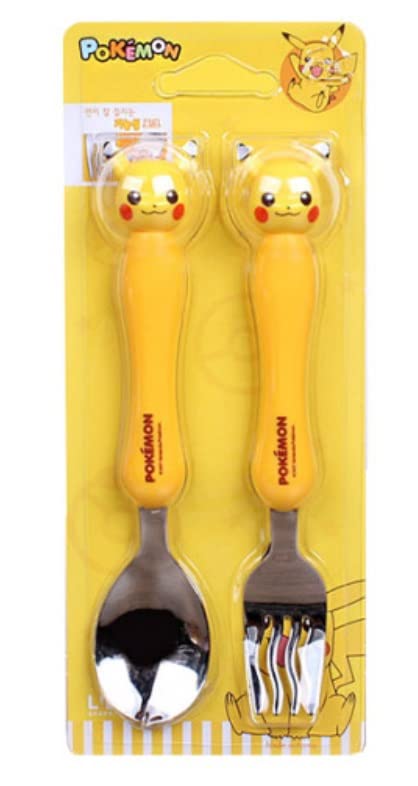Generic Pikachu stainless steel fork and spoon set at party; colorful design boosts kid dining fun