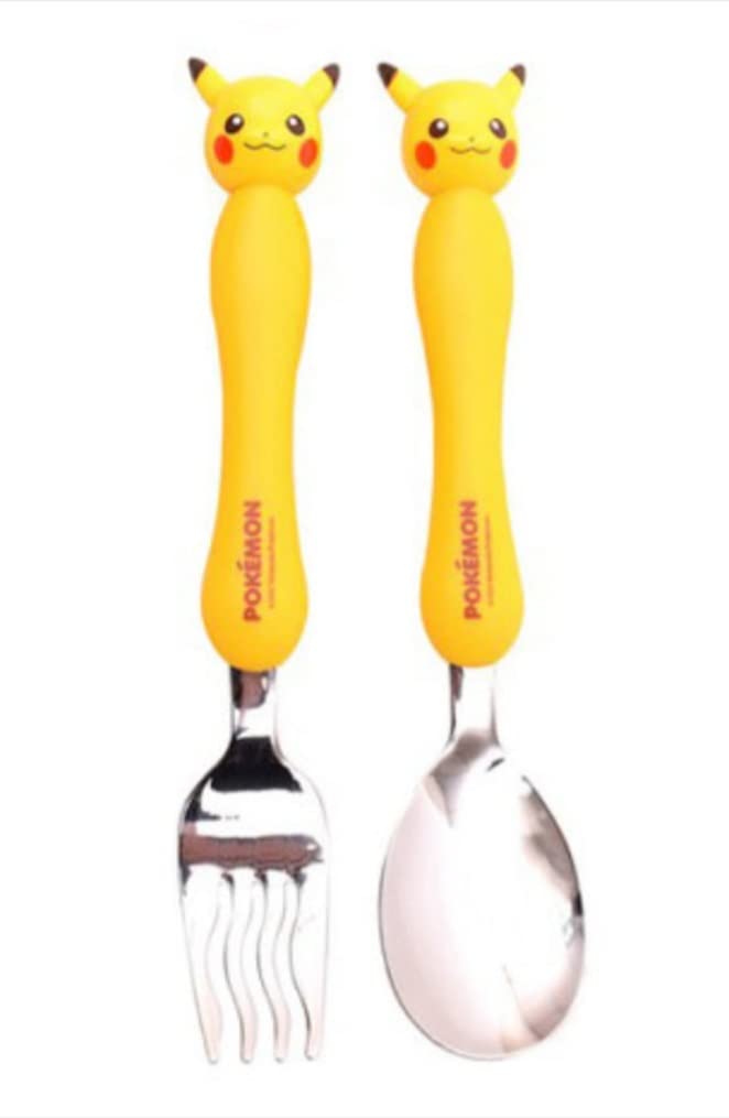 Generic Pikachu stainless steel fork and spoon set top view; kid-friendly yellow topper for daily meals