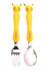 Generic Pikachu stainless steel fork and spoon set top view; kid-friendly yellow topper for daily meals